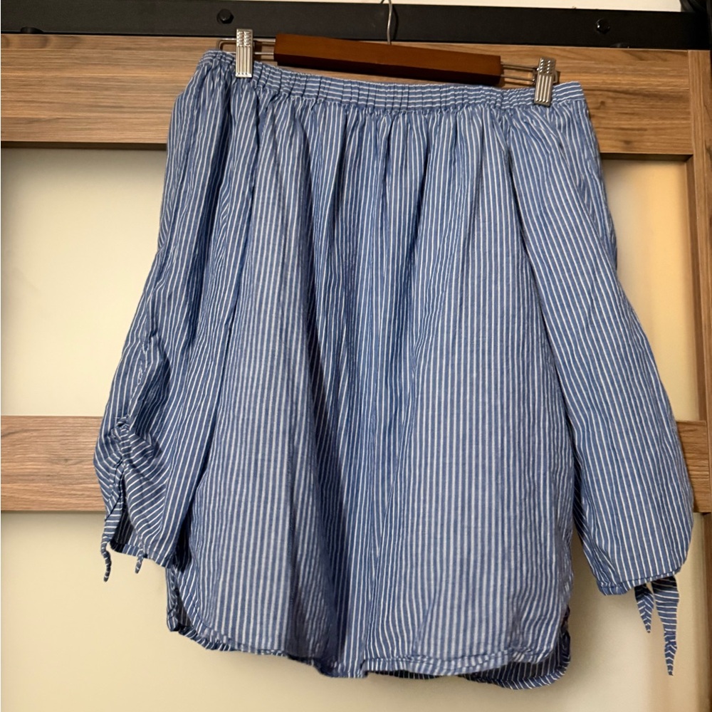 beachlunchlounge Blue and White Striped Off-Shoulder Blouse